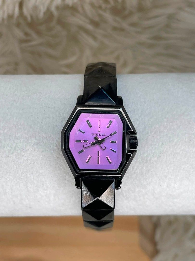 Diesel Only the Brave (Category: Women's Watches) located in Manila. Submitted by -daddyles (Listing ID 1456752191, Image 2). Description: DIESEL Only The Brave DZ-5224 – Black & Purple Statement Watch ✨ • Brand: DIESEL • Collection: Only The Brave • Reference: DZ-5224 • Movement: Quartz • Dial: Purple sunray dial with applied hour markers • Case: Black-tone stainless steel with angular/tonneau-inspired design • Bracelet: Integrated black-tone st
