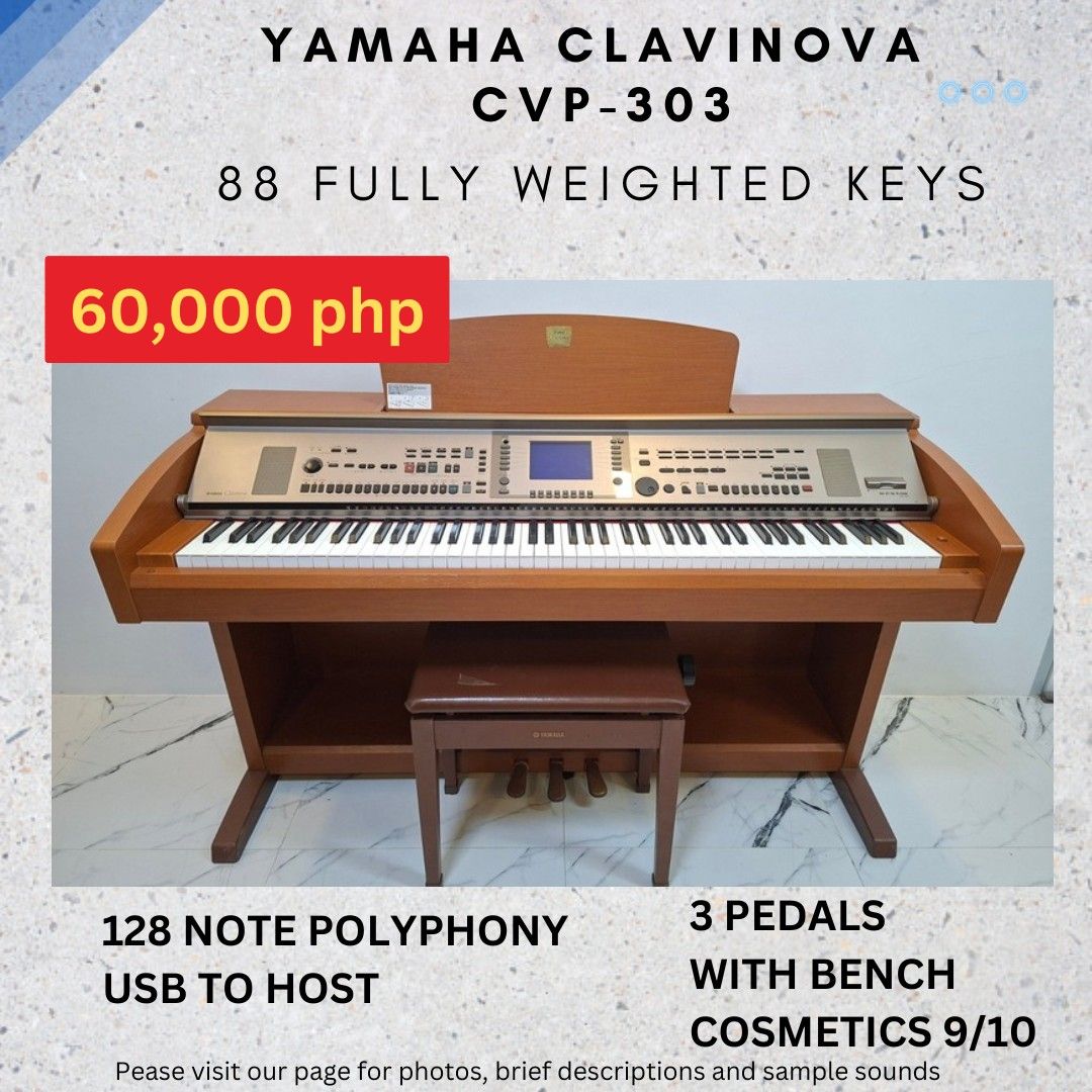 Digital Pianos 88 keys weighted/hammered (Category: Musical Instruments) located in Magalang. Submitted by pianomart (Listing ID 1456619990, Image 2). Description: - Yamaha Clavinova CLP-950 digital piano - 88 fully weighted keys for authentic piano feel - Features: Transpose, Metronome, and Recorder functions - Includes 3 pedals for expressive playing - Comes with a piano bench - Cosmetic condition: 7/10 (shows some signs of use) - Ideal for bot