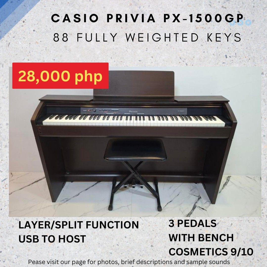 Digital Pianos 88 keys weighted/hammered (Category: Musical Instruments) located in Magalang. Submitted by pianomart (Listing ID 1456619990, Image 3). Description: - Yamaha Clavinova CLP-950 digital piano - 88 fully weighted keys for authentic piano feel - Features: Transpose, Metronome, and Recorder functions - Includes 3 pedals for expressive playing - Comes with a piano bench - Cosmetic condition: 7/10 (shows some signs of use) - Ideal for bot