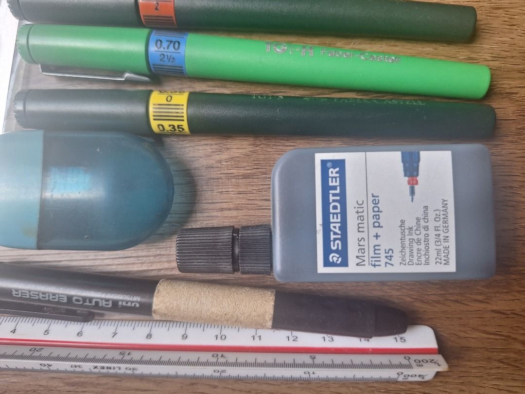 Drafting Architecture Tools (Category: Stationery & School Supplies) located in Santa Rosa. Submitted by samufm (Listing ID 1456644757, Image 3). Description: ==TAKE ALL== Rotring lettering guides and templates Untested technical pens Compass w/ tech pen adapter and extender Scale rulers Eraser shield Tech pen ink (~1/3 remaining) Triangle set - Price negotiable.
