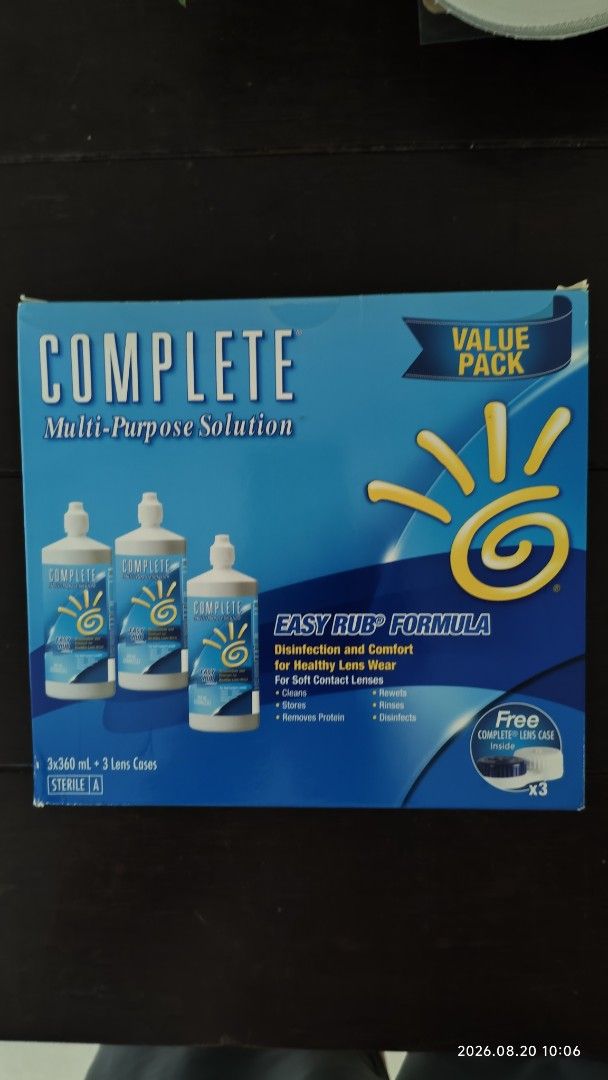 Complete multi purpose solution (Category: Vision Care) located in Singapore. Submitted by apollo70 (Listing ID 1456617247, Image 1). Description: Box is still sealed. 3 x 360ml. Expires 2027/04..