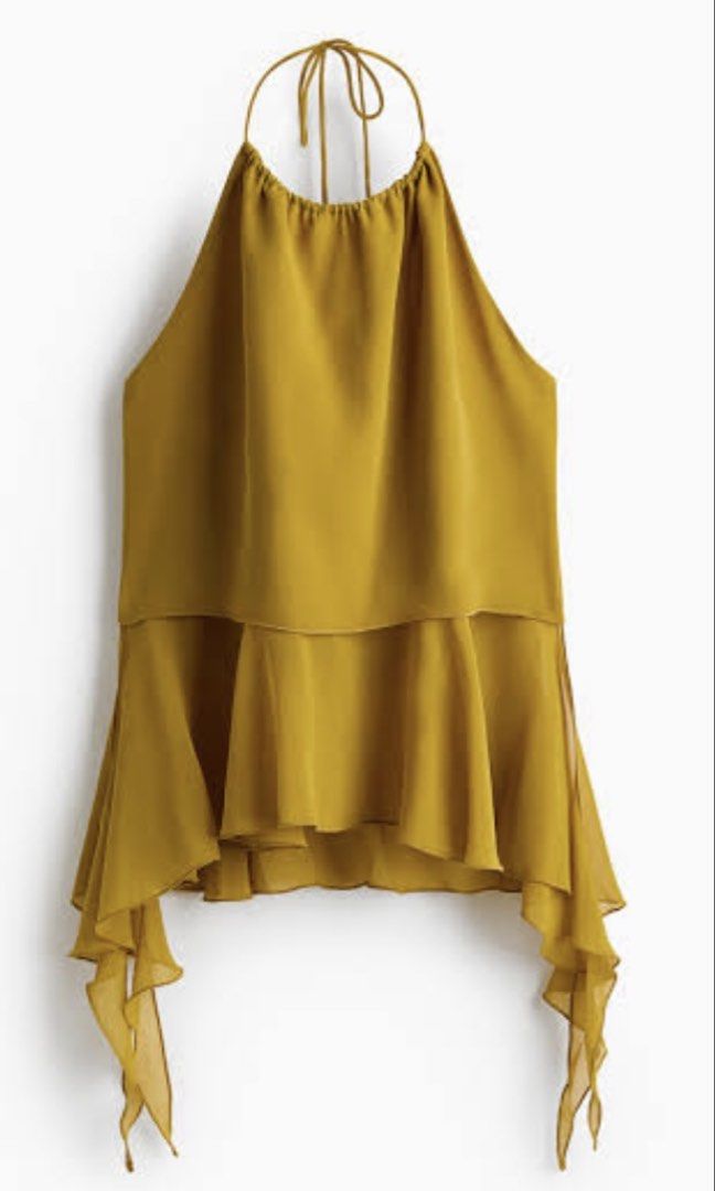 H&M mustard draped-panel halter neck (Category: Sleeveless) located in Quezon City. Submitted by spacecleanse (Listing ID 1456671714, Image 1). Description: Wore 1x in jp giving fairycore! Love this 💯 Height 4’11 (see last pic).
