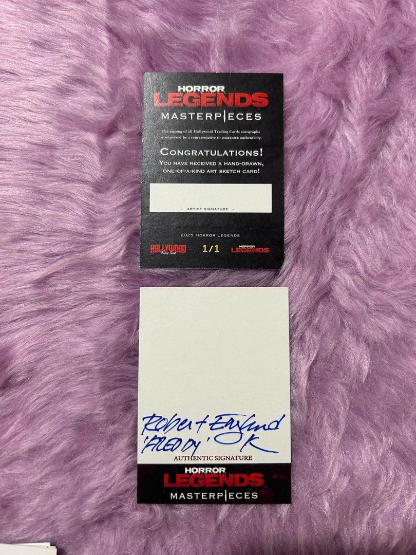 Horror legends masterpiece rare Blank Variant cards (Category: Raw Singles) located in General Trias. Submitted by charlie.shop (Listing ID 1456765568, Image 1). Description: 💎 Tier 1: The Ultimate GrailsActor: Robert EnglundCharacter: Freddy KruegerMovie Franchise: A Nightmare on Elm StreetNote: Includes rare handwritten “Freddy” character inscription.🩸 Tier 2: The Slasher HeavyweightsActor: Chris SarandonCharacter: Voice of Jack Skellington /