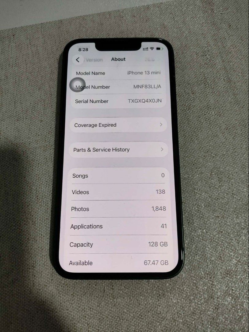 Iphone 13 mini (Category: iPhone 13 Series) located in Manila. Submitted by kenjordan541489 (Listing ID 1456614237, Image 2). Description: Iphone 13 mini Lasy owned 98%smooth my maliit lang n paint chip 85% bh replaced by genuine apple No issue Di masyado nagamit Test all u want Package Box same imei. To follow nlng naiwan s qc Unit Case Orig chord Bawal sa barat Loc: paranaque.