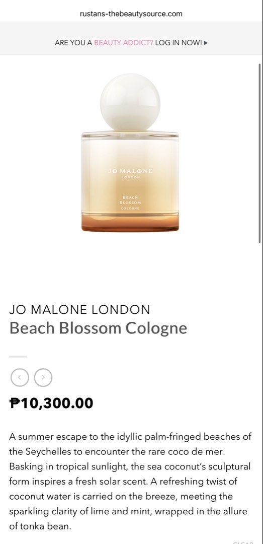 Jo Malone Beach Blossom 100 ml (limited edition) (Category: Fragrance & Deodorants) located in Makati City. Submitted by prebykris (Listing ID 1456692023, Image 2). Description: Barely used limited edition Jo Malone beach blossom from Jo Malone Greenbelt, Dec 2025. Original price is 10,300. Fragrance Notes Top Notes: Lime and mint Heart Note: Coconut water Base Note: Tonka bean .