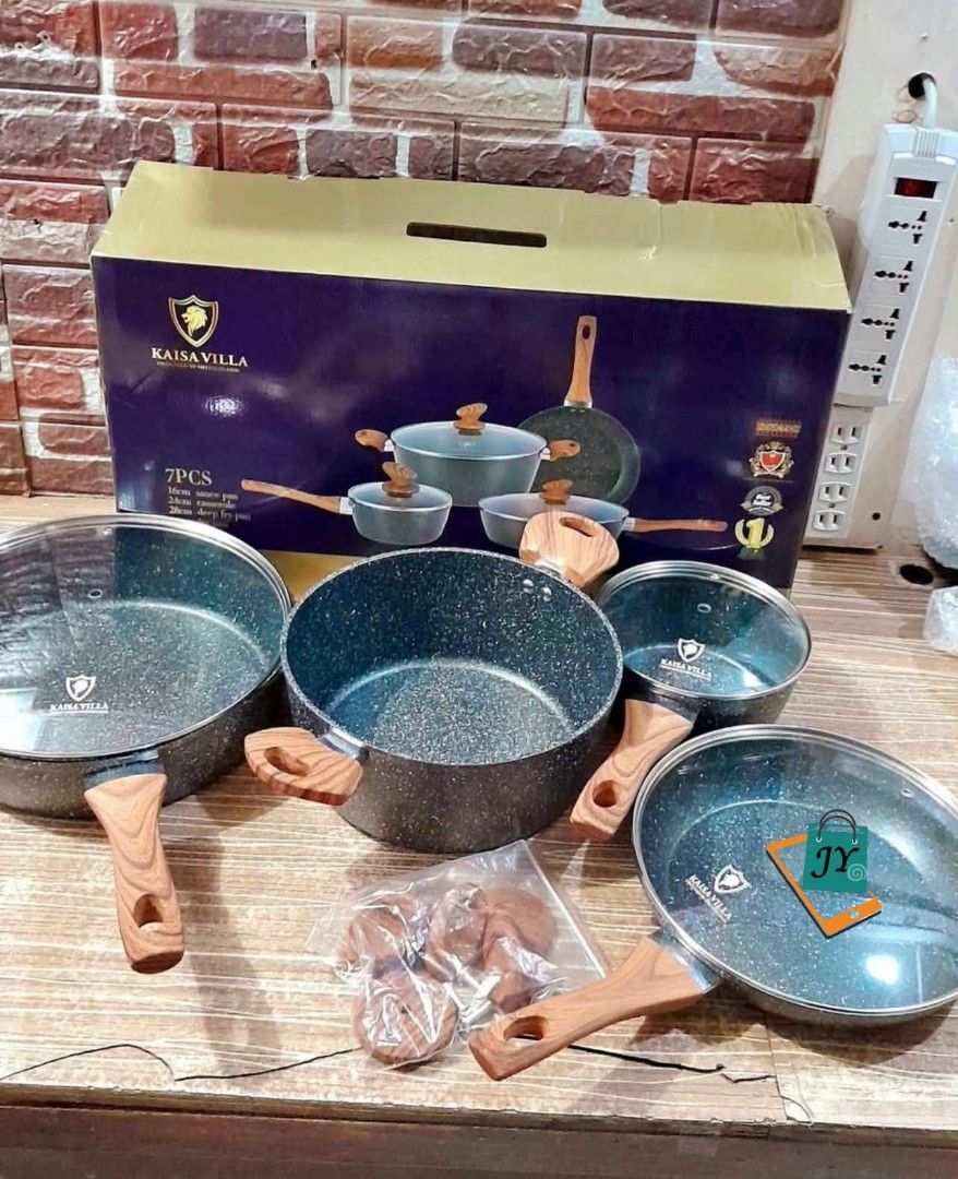 KAISA VILLA 7 Pcs Cookware Set Granite Marble Coating (Category: Cookware & Accessories) located in Manila. Submitted by chaionlineshop (Listing ID 1456738227, Image 1). Description: - KAISA VILLA 7-piece Cookware Set - Durable Granite Marble Coating - Includes Pots and Pans - Stylish Wooden Handles - Comes with Heat-Resistant Glass Lids - Ideal for Everyday Cooking.