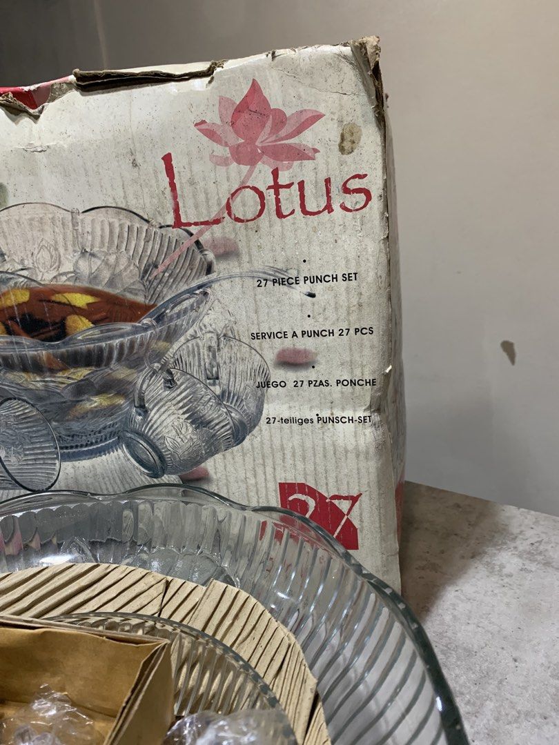 Lotus 27 Piece Punch Bowl Set (Category: Other Kitchenware & Tableware) located in Manila. Submitted by kdlapinid (Listing ID 1456607140, Image 2). Description: Lotus 1500 punch bowl set. Includes 27 pieces. Great for parties and gatherings. Made of clear glass. Original box included. Check photos for details..