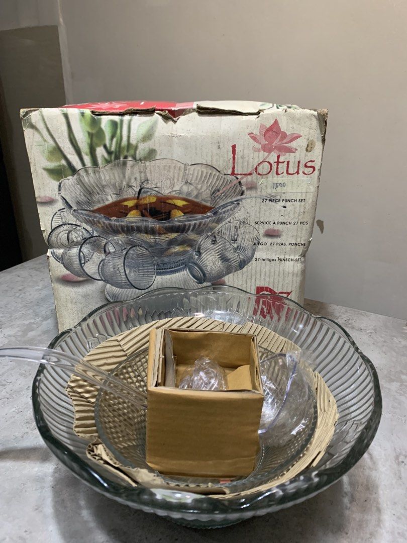 Lotus 27 Piece Punch Bowl Set (Category: Other Kitchenware & Tableware) located in Manila. Submitted by kdlapinid (Listing ID 1456607140, Image 1). Description: Lotus 1500 punch bowl set. Includes 27 pieces. Great for parties and gatherings. Made of clear glass. Original box included. Check photos for details..
