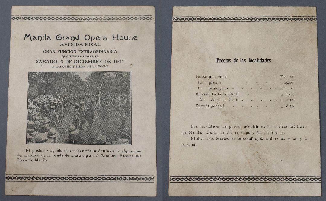 Historical Manila Grand Opera House Program - December 9, 1911 (Category: Storybooks) located in Caloocan City. Submitted by oldbestseller72 (Listing ID 1456683672, Image 3). Description: - Original program from the Manila Grand Opera House - Dated Saturday, December 9, 1911 - Features performances: 'Patria y Ciencia' and 'Filipinas La Unidad Nacional' - Includes seating prices and performance details - A significant historical piece from the Phi