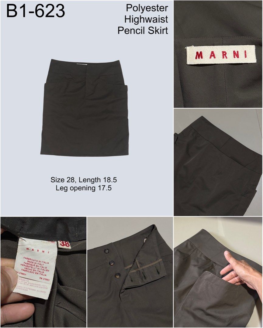 Marni Brown Polyester High-Waist Pencil Skirt Fly Button Front Pockets (Category: Luxury Apparel) located in Digos. Submitted by appareall (Listing ID 1456650826, Image 2). Description: B1-623 Approximate measurements (taken flat in inches) On tag size #38 Waist: 28 Length: 18.5 Leg opening: 17.5 Material: Polyester .