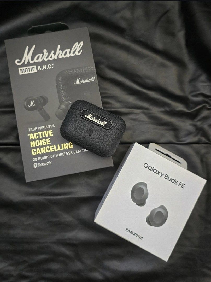 Marshall Motif ANC | Samsung Galaxy FE buds (Category: Earphones) located in Quezon City. Submitted by rmseller.2017 (Listing ID 1456638009, Image 1). Description: Marshall Motif ANC black and complete - P7500 only Samsung Galaxy FE buds in graphite, sealed and complete - P4000 only.