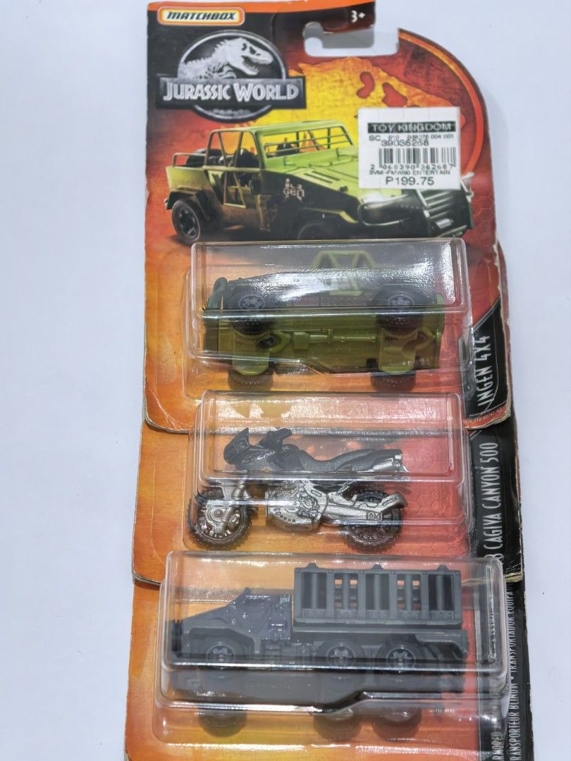 Matchbox Jurassic World 3-Car Pack (Category: Vehicle & Diecast Models) located in Manila. Submitted by kenslie (Listing ID 1456721559, Image 1). Description: - Matchbox Jurassic World 3-car pack - Includes: Jeep, Motorcycle, Flatbed Truck - Packaging has minor wear, but does not affect the contents - Ideal gift for any Jurassic World enthusiast.
