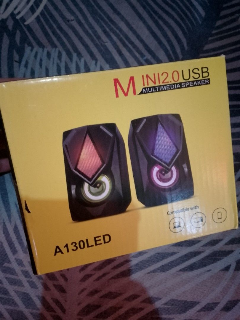 Mini 2.0 USB Multimedia Speakers for PC or laptop (Category: Soundbars, Speakers & Amplifiers) located in Manila. Submitted by keendeer.6c83cc (Listing ID 1456658924, Image 1). Description: - Mini 2.0 USB Multimedia Speakers wired connectivity - Features vibrant, color-changing LED lights - Compatible with laptops, computers, and smartphones - Enhances your setup with both sound and visual flair - Ideal for music, movies, or gaming.