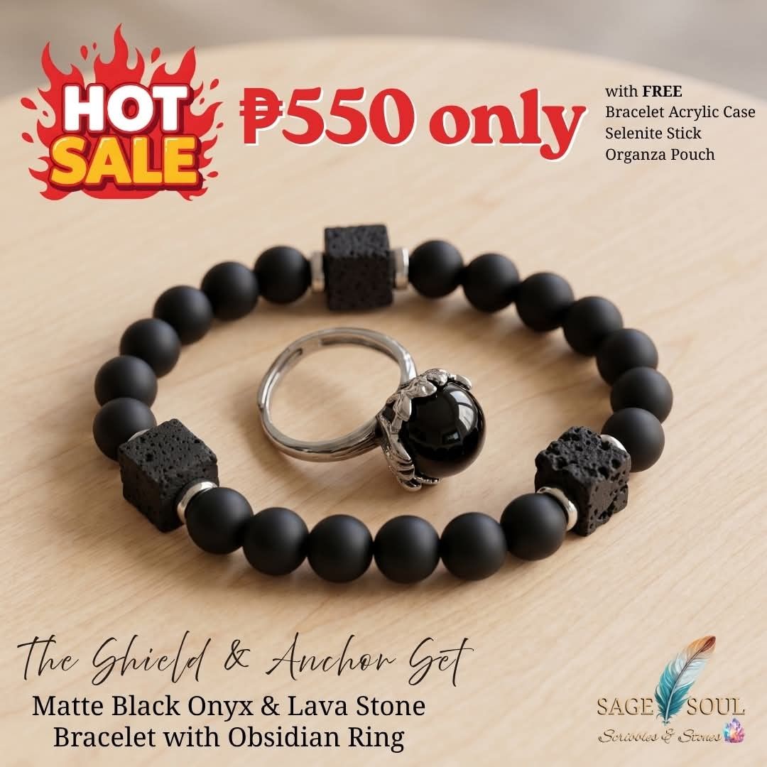 Natural Crystal Bracelet & Ring (Category: Bracelets) located in Manila. Submitted by sagesoulscribblesstones (Listing ID 1456780150, Image 1). Description: Keep your energy grounded and your aura heavily protected with our powerful Shield & Anchor Set! Featuring a sleek combination of velvety Matte Black Onyx beads and textured Lava Stone cubes, paired with a matching Obsidian ring, this pairing is your ultimate energetic armor against negativit