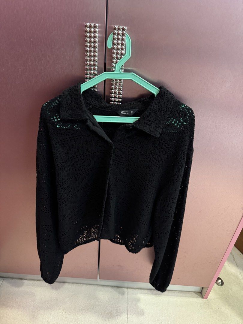 NET Black Crochet Knit Button-Up Cardigan (Category: Coats, Jackets and Outerwear) located in Manila. Submitted by coclosets (Listing ID 1456629741, Image 1). Description: - Bought in NET Taiwan for ₱1000 - Black crochet knit cardigan - Features a collar and button-up front - Long sleeves - Beautiful open knit pattern - Versatile for layering over tops or dresses - Easy to style for any outfit.