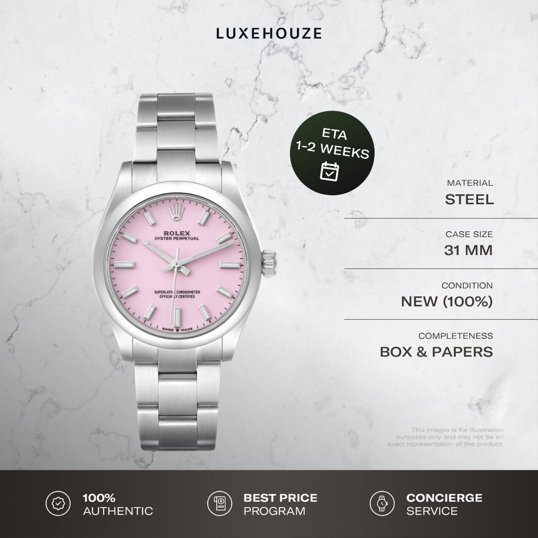 New Jan 2026 Rolex Oyster Perpetual 31 277200 Candy Pink Dial (Category: Watches) located in Singapore. Submitted by luxehouze (Listing ID 1456250996, Image 1). Description: Luxehouze is your trusted marketplace to buy and sell luxury goods. Luxehouze SG Pte Ltd is a licensed luxury goods marketplace and regulated dealer. WHY US? 100% Authentic with Money-Back Guarantee Best Price Program* Curated Collection * T&Cs apply. OUR SERVICES • Watch Pur