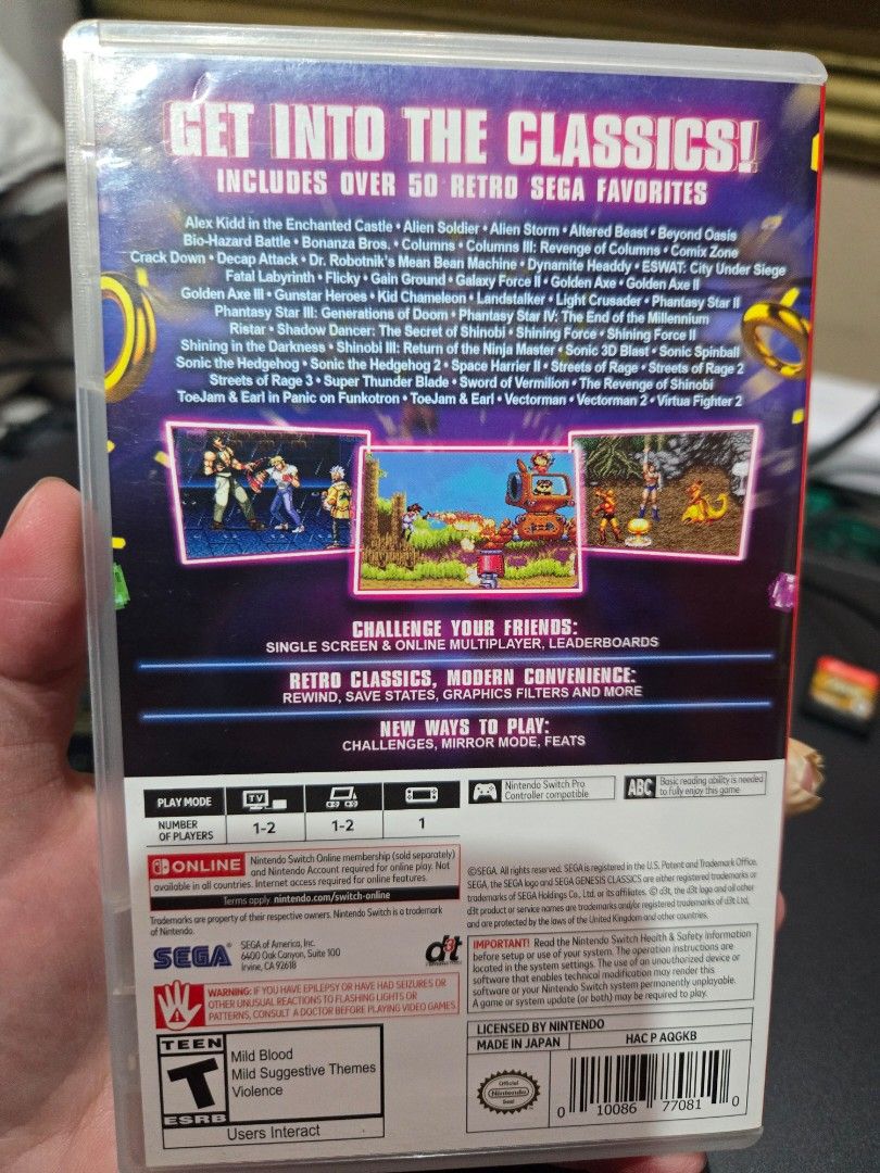 Nintendo Switch Sega Genesis Classics Game (Category: Nintendo) located in Quezon City. Submitted by mello_letgoes (Listing ID 1456726350, Image 2). Description: SEGA Genesis Classics – Nintendo Switch ₱1,200 Pre-owned physical Nintendo Switch game. • SEGA Genesis Classics • Over 50 classic SEGA games included • Original game cartridge + case • US / ESRB version • Tested on Nintendo Switch before listing – game is recognized and working • Actual 