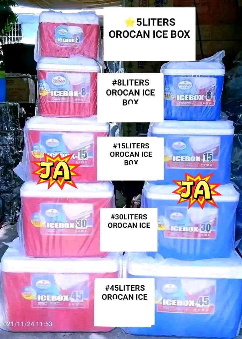 orocan ice cooler box (Category: Food Organization & Storage) located in Manila. Submitted by yzcartph (Listing ID 1456676989, Image 1). Description: Original orocan Ice box 5 Liters Php: 580. Only 8 Liters Php: 750. Only 15 Liters Php: 900. Only 30 Liters Php: 1250. Only 45 Liters Php: 1600. Only 65 Liters Php: 2200. Only W/ free Ice scoop Inside.