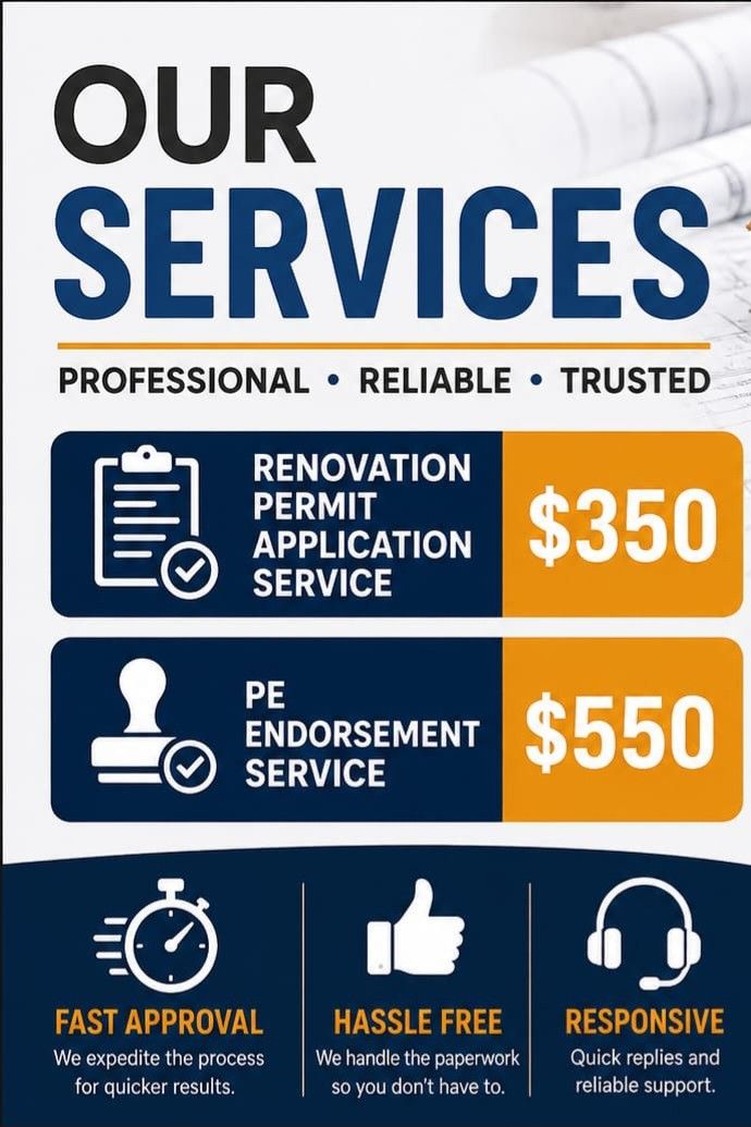 Permit application (Category: HDB Renovation) located in Singapore. Submitted by ph3196 (Listing ID 1456735328, Image 1). Description: Our service: * HDB permit application ( Have to engage our company for Demolition + Mansory service ) * PE endorsement services Get in touch with us to know more. SINCERE AND COOPERATIVE CLIENTS ONLY!.