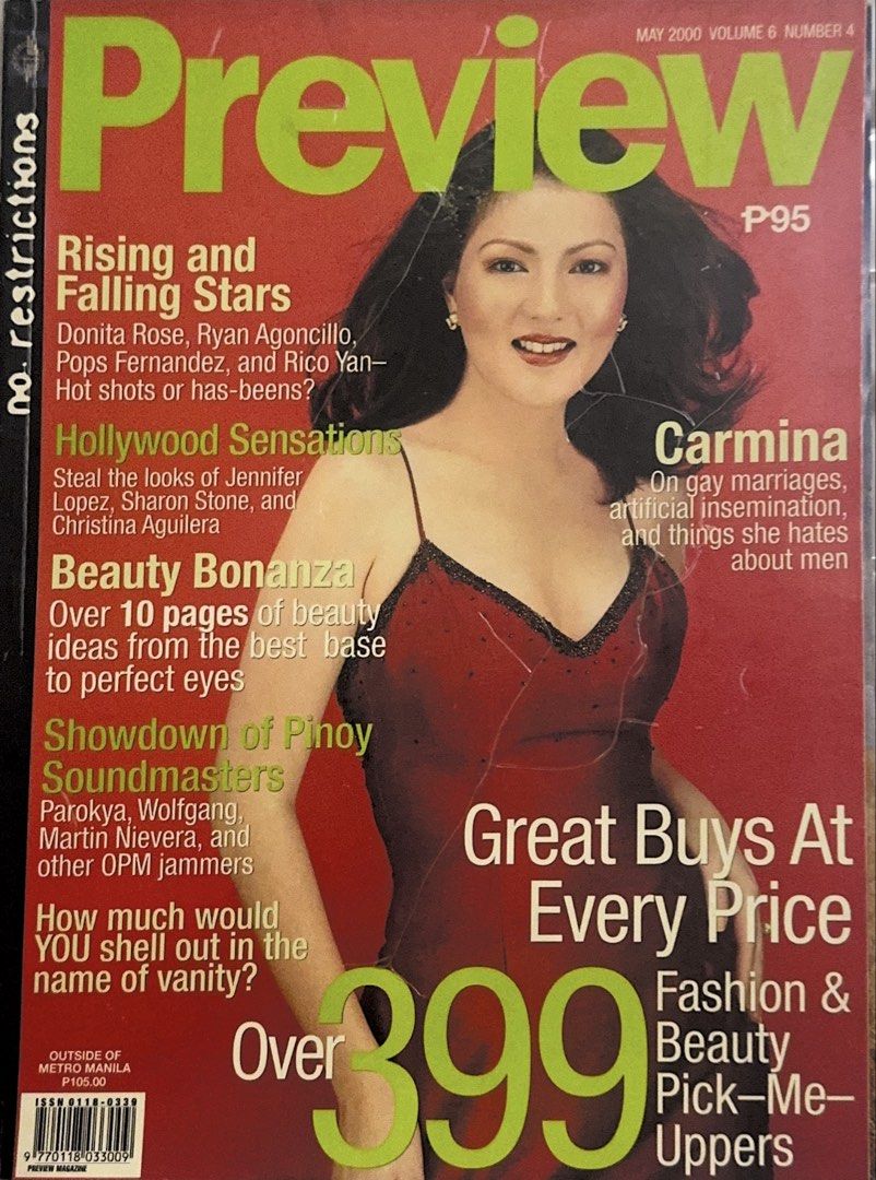 Preview Magazine May 2000 Issue - Carmina Cover (Category: Magazines) located in Manila. Submitted by noblecrystal-c256 (Listing ID 1456729567, Image 1). Description: - Preview Magazine, May 2000 issue - Features Carmina Villaroel on the cover - Articles include: Rising and Falling Stars, Hollywood Sensations, Beauty Bonanza, Showdown of Pinoy Soundmasters - Also covers: Great Buys At Every Price, Fashion & Beauty Pick-Me-Uppers - Ideal for colle