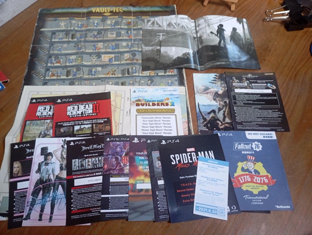 PS4 Game Inserts: Fallout 76, Spider-Man, Red Dead Redemption 2 & More (Category: PlayStation) located in Valenzuela. Submitted by hyrotitania (Listing ID 1456675559, Image 1). Description: - Collection of PlayStation 4 game inserts and booklets. - Titles include: Fallout 76, Marvel's Spider-Man Miles Morales, Red Dead Redemption 2, Devil May Cry 5, and Builders 2. - Also includes larger posters/maps from Vault-Tec and other games. - Ideal for co