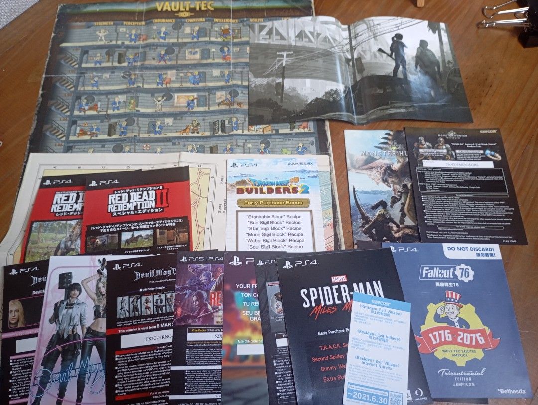 PS4 Game Inserts: Fallout 76, Spider-Man, Red Dead Redemption 2 & More (Category: PlayStation) located in Valenzuela. Submitted by hyrotitania (Listing ID 1456675559, Image 3). Description: - Collection of PlayStation 4 game inserts and booklets. - Titles include: Fallout 76, Marvel's Spider-Man Miles Morales, Red Dead Redemption 2, Devil May Cry 5, and Builders 2. - Also includes larger posters/maps from Vault-Tec and other games. - Ideal for co