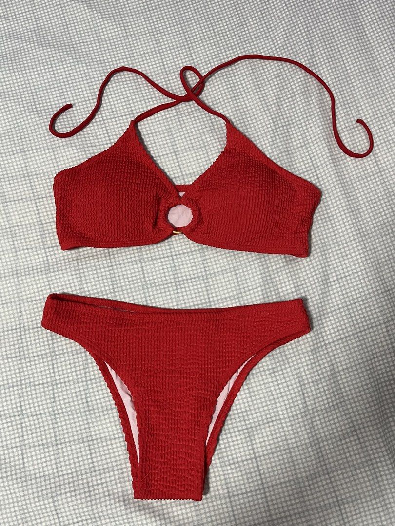 Red Textured Bikini Set with Mesh Skirt (Category: Bikinis & Swimsuits) located in Santa Maria. Submitted by seapuff (Listing ID 1456755392, Image 2). Description: - cute red textured bikini set👙🏖️ - size: s (but can fit up to medium) - halter neck top with gold ring detail - high-waisted bottoms - w/ matching red mesh skirt (can be used as cover up, for conservative girlies✨) - skirt has adjustable side drawstring - only worn thrice (still in 