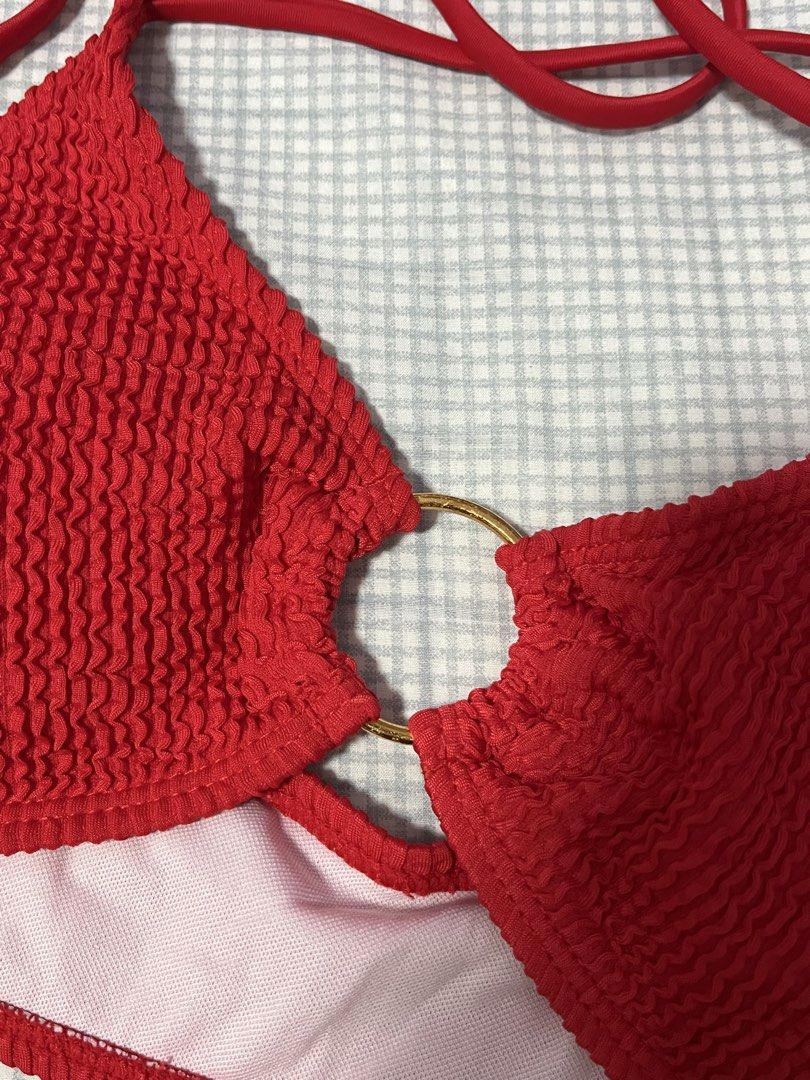 Red Textured Bikini Set with Mesh Skirt (Category: Bikinis & Swimsuits) located in Santa Maria. Submitted by seapuff (Listing ID 1456755392, Image 3). Description: - cute red textured bikini set👙🏖️ - size: s (but can fit up to medium) - halter neck top with gold ring detail - high-waisted bottoms - w/ matching red mesh skirt (can be used as cover up, for conservative girlies✨) - skirt has adjustable side drawstring - only worn thrice (still in 