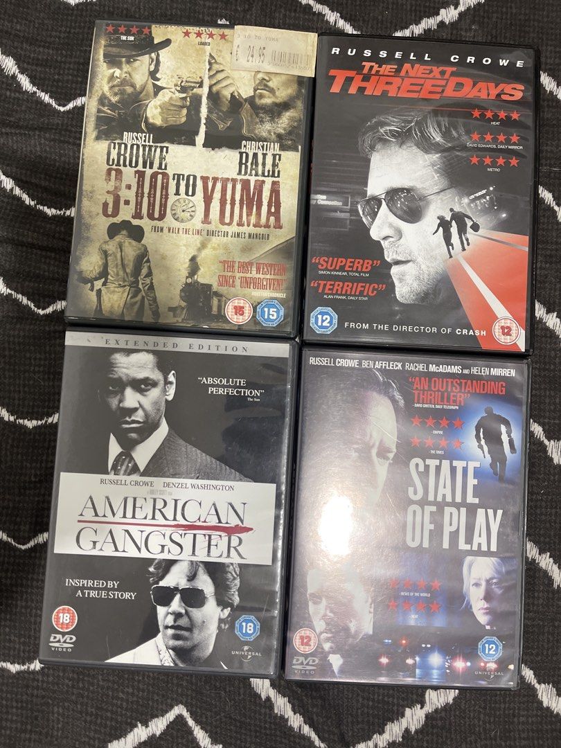 Russell Crowe DVD collection (Category: CDs & DVDs) located in Manila. Submitted by noobsaibot84901 (Listing ID 1456693389, Image 1). Description: - Set of 4 DVDs: 3:10 to Yuma, The Next Three Days, American Gangster, State of Play - Perfect for a movie marathon or a relaxing movie night - Bundle deal available for all four movies.