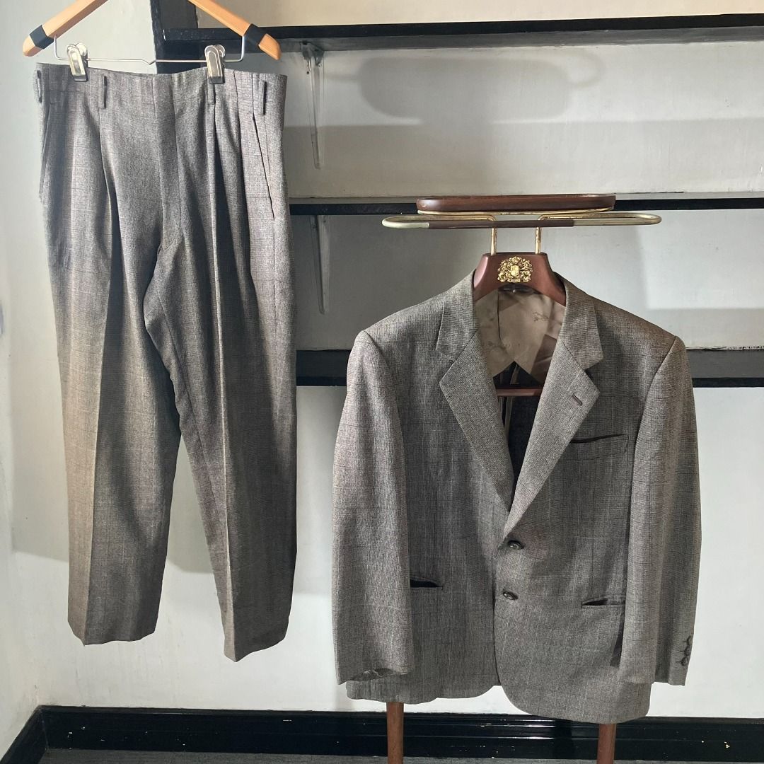 SCABAL 2-Piece Suit Set Grey Micro Glen Check Windowpane Medium Vintage (Category: Coats, Jackets and Outerwear) located in Manila. Submitted by nellyfrustrado (Listing ID 1453155665, Image 1). Description: Notable Issue: Has a neatly tailored rectangular re-weave / patch repair on the upper right leg of the trousers (see close-up photo). It is stitched cleanly with matching thread, but listed with transparency for buyer awareness. Scabal (Belgiu