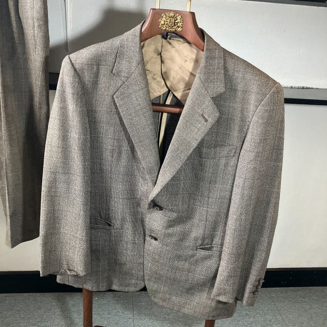 SCABAL 2-Piece Suit Set Grey Micro Glen Check Windowpane Medium Vintage (Category: Coats, Jackets and Outerwear) located in Manila. Submitted by nellyfrustrado (Listing ID 1453155665, Image 3). Description: Notable Issue: Has a neatly tailored rectangular re-weave / patch repair on the upper right leg of the trousers (see close-up photo). It is stitched cleanly with matching thread, but listed with transparency for buyer awareness. Scabal (Belgiu