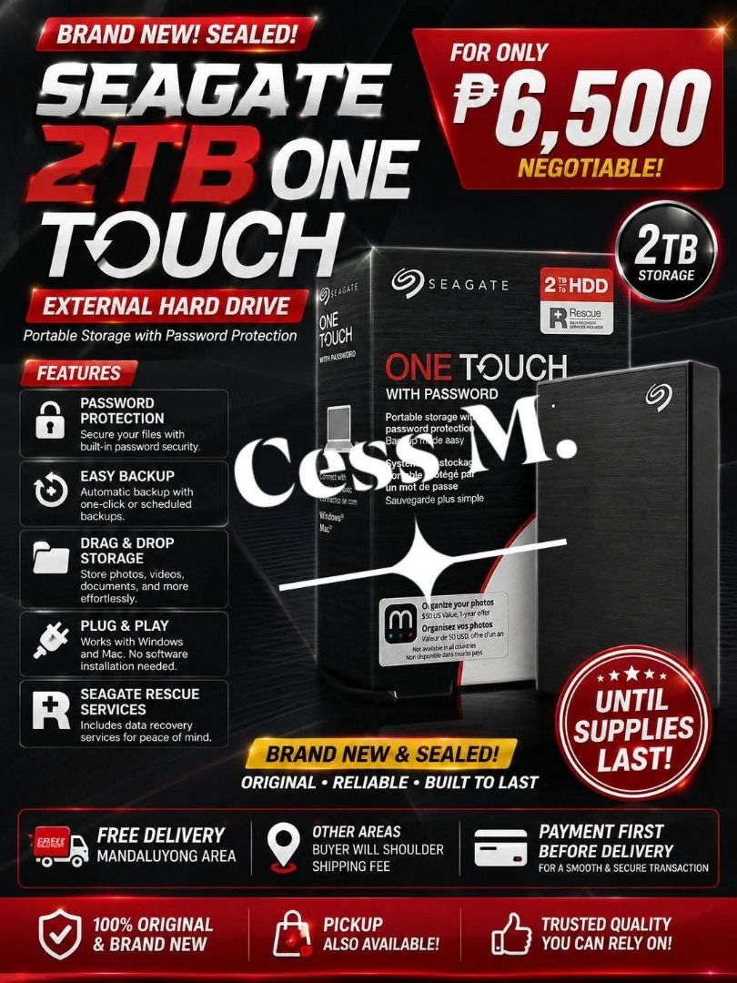 Seagate 2TB ONE TOUCH (Category: Hard Disks & Thumbdrives) located in Pasig City. Submitted by zeldacess (Listing ID 1456727384, Image 1). Description: Original sealed.