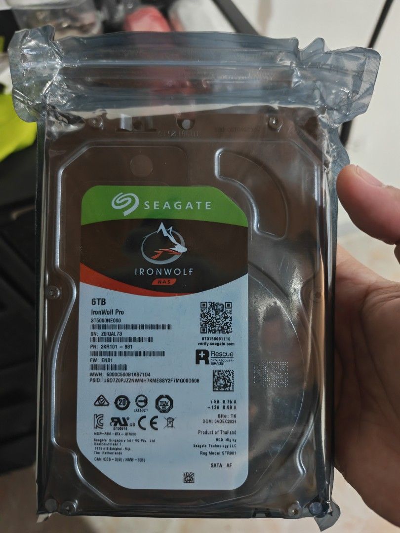 Seagate IronWolf Pro 6TB NAS HDD (Category: Hard Disks & Thumbdrives) located in Taguig. Submitted by coldasice01 (Listing ID 1456682062, Image 1). Description: - Seagate IronWolf Pro 6TB NAS Hard Drive - Model: ST6000NE000 - Designed specifically for Network Attached Storage (NAS) systems - Brand New - Sealed in anti-static bag - Date of Manufacture (DOM): December 2024 - Ideal for expanding your NAS capacity or as a high-capacity storage soluti