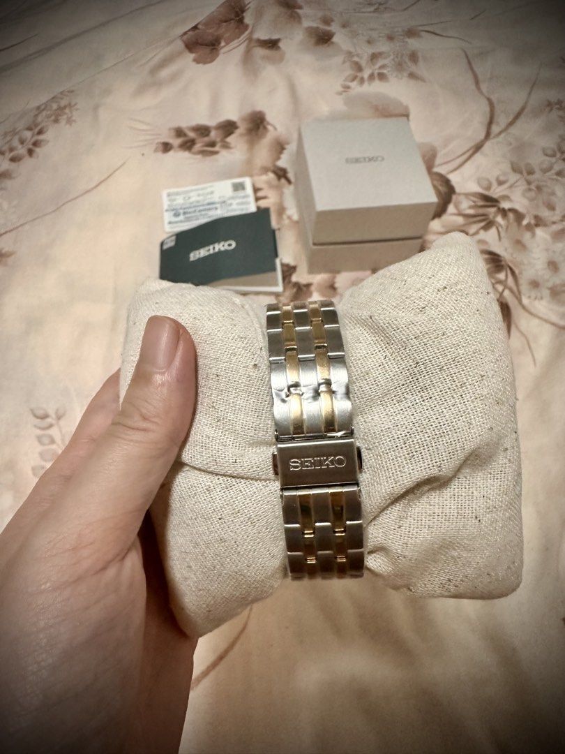 Seiko Solar SBPX085 Watch (Category: Luxury Watches) located in Quezon City. Submitted by kerlitops (Listing ID 1456715870, Image 3). Description: - Brand new Seiko Solar Watch (Model SBPX085) Silver-Gold - Authenticity: 100% new, genuine and original - Packaging: Original box, watch, instruction manual, Japanese warranty card - Features: Movement - Solar Quartz - Material - Stainless Steel - Size - 37.4 mm, 9.2 mm thickness - Water Resistance - 