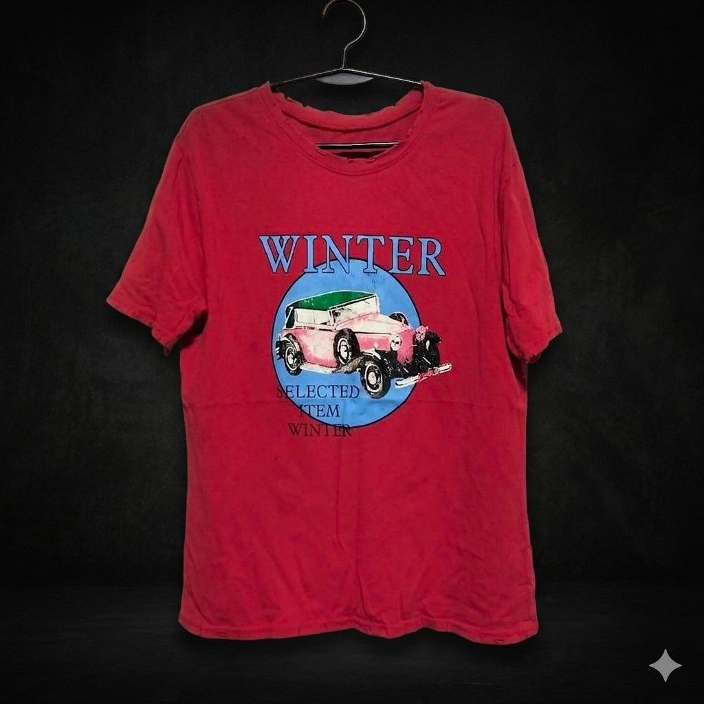 Vintage Selected Item Winter Graphic T-Shirt Red (Category: Tshirts & Polo Shirts ) located in Pasig City. Submitted by kat_grande (Listing ID 1456727225, Image 2). Description: - Eye-catching red graphic tee - Features a vintage car print - Text detail: 'WINTER SELECTED ITEM WINTER' - Brand: YIGEMIDN SINE 2007 - Unisex fit, suitable for everyone - Ideal for everyday casual wear.