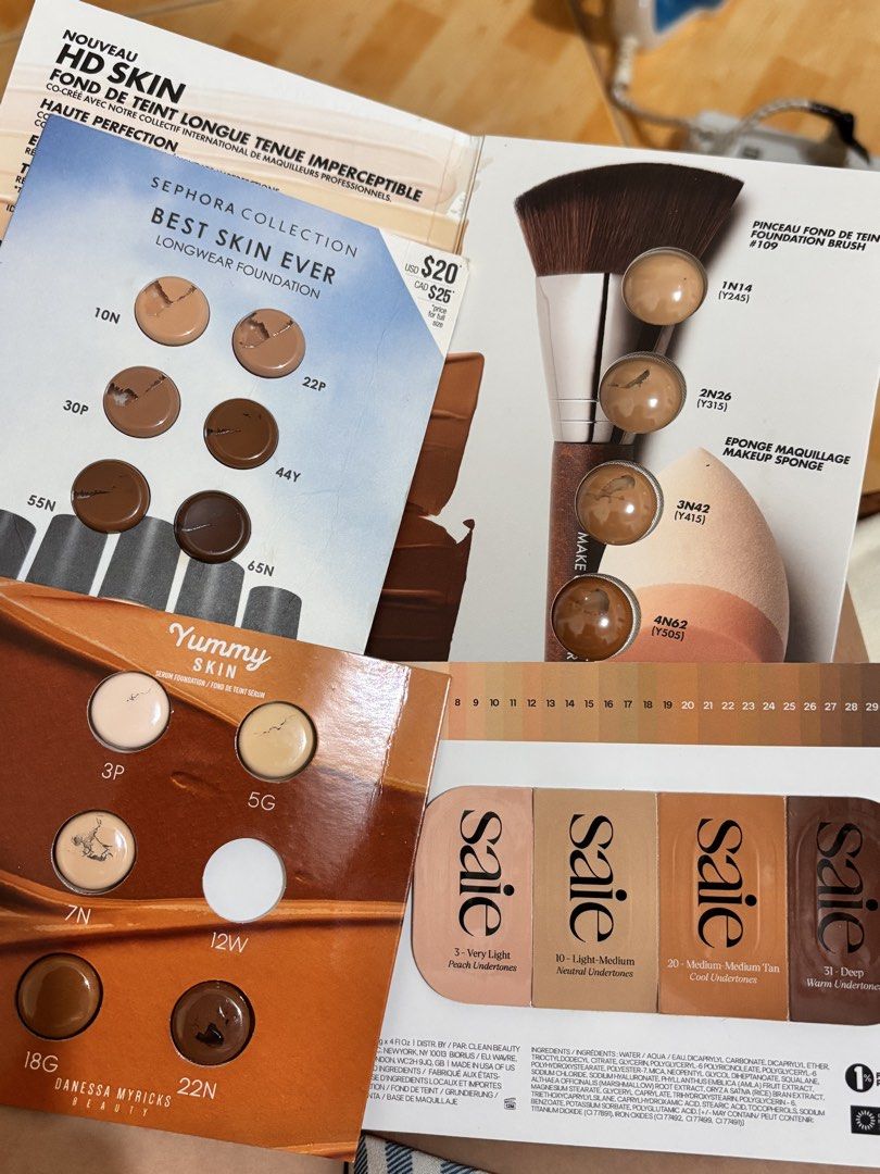 Sephora, Make Up For Ever, Saie, Danessa Myricks Foundation Samples (Category: Makeup) located in Leyte. Submitted by modernpersephone (Listing ID 1456705547, Image 2). Description: - Foundation sample cards from top brands: Sephora Collection, Make Up For Ever HD Skin, Saie, and Danessa Myricks Beauty. - Perfect for testing shades before committing to a full-size purchase. - Ideal for finding your exact foundation match. - Some cards feature mul