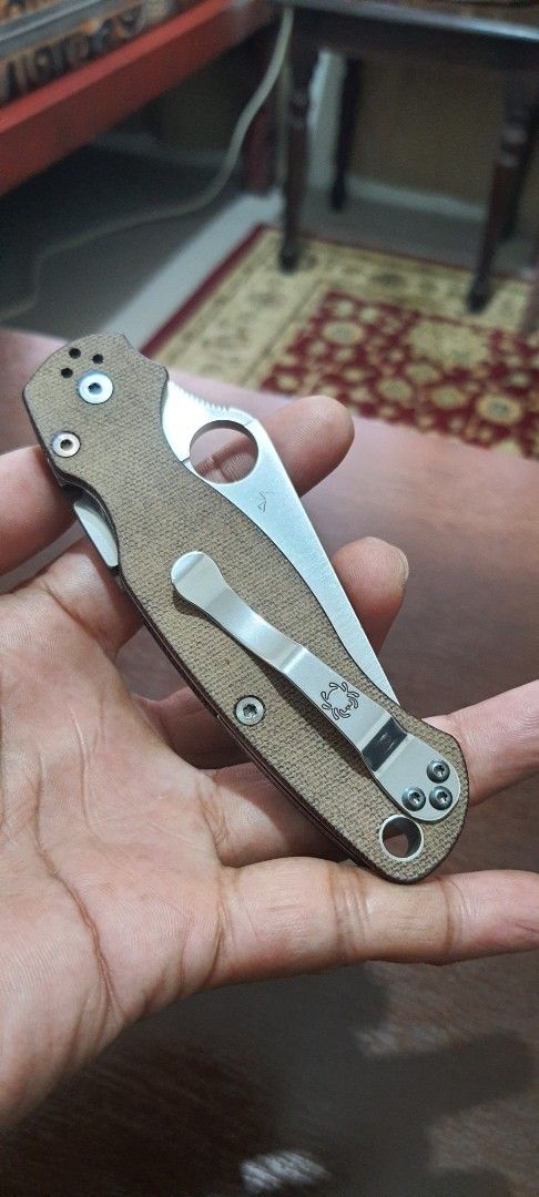 Spyderco Paramilitary 2 CPM CRU-WEAR (Category: Knives & Chopping Boards) located in Manila. Submitted by buckboss (Listing ID 1456670287, Image 3). Description: - Spyderco PM2 folding knife - CPM CRU-WEAR steel blade - micarta handle scales - Thumbhole opener for easy deployment - Pocket clip for convenient carry - Ideal for everyday carry (EDC) - Blade is sharp and ready for use blade is never been used to cut still factory edge include only th