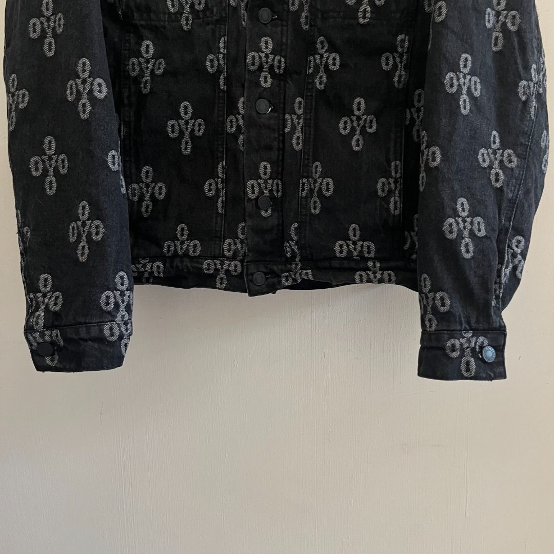 SS23 OVO Monogram Trucker Denim (Category: Coats, Jackets and Outerwear) located in Quezon. Submitted by _babypluto (Listing ID 1456737078, Image 2). Description: Size on Tag: small Flaw: few sign of usage Length: 21 Width: 25 Sleeves: 25.