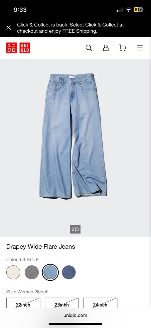 Uniqlo drapey wide flare jeans (Category: Jeans) located in San Juan City. Submitted by prelovedstuff_01 (Listing ID 1456728835, Image 3). Description: Size 26 on tag 63 light blue Altered to 5’2-5’3 height No flaws. Soft denim :).