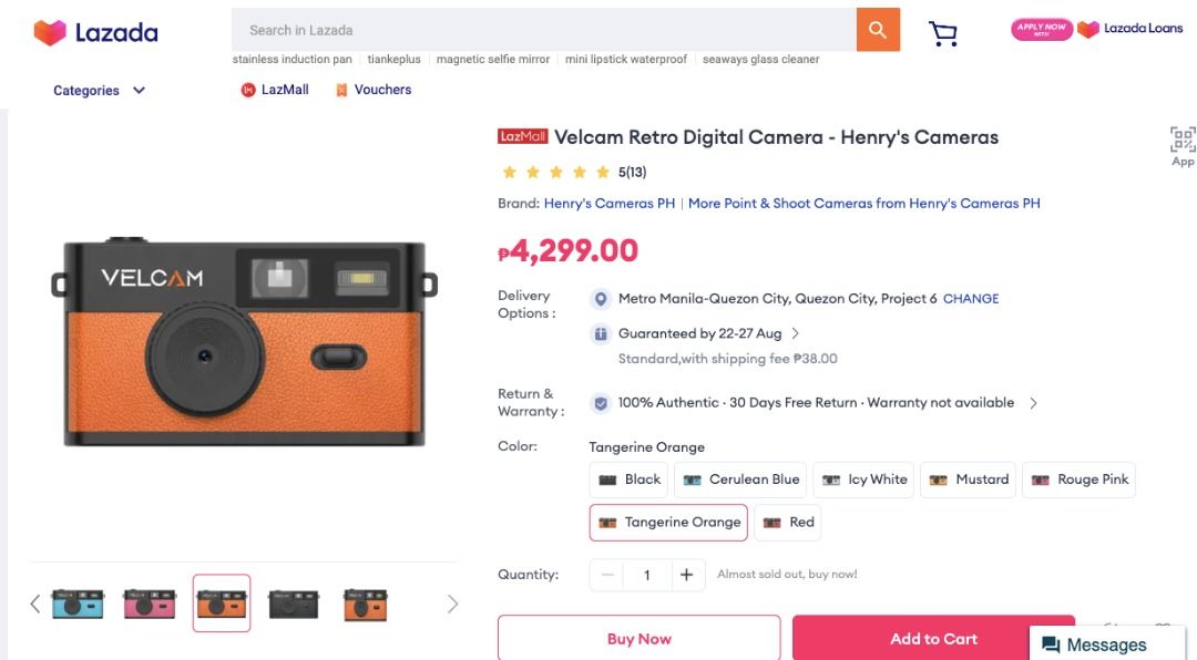Velcam Retro Digital Camera - Tangerine Orange (Category: Cameras) located in Quezon City. Submitted by maria10262007 (Listing ID 1456659277, Image 1). Description: 📸 FOR SALE: Velcam Retro Digital Camera 📸 ✨ BRAND NEW & UNOPENED! ✨ Selling my Velcam Retro Digital Camera — perfect for anyone who loves that cute, nostalgic digital-camera look! 🥰📷 💰 Original Price: ₱4,299 🔥 Selling for only ₱3,000! 💯 Brand New • Unopened • Never Used 📋 Spec