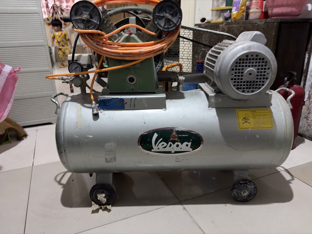 Vespa Air Compressor with Hose (Category: Construction Tools & Equipment) located in Cavite. Submitted by boggsbognot (Listing ID 1456615556, Image 1). Description: - Vespa brand air compressor - 2HP - Equipped with pressure gauges for monitoring - Built-in wheels for effortless mobility - Test before buying - Pickup only in Imus Cavite.