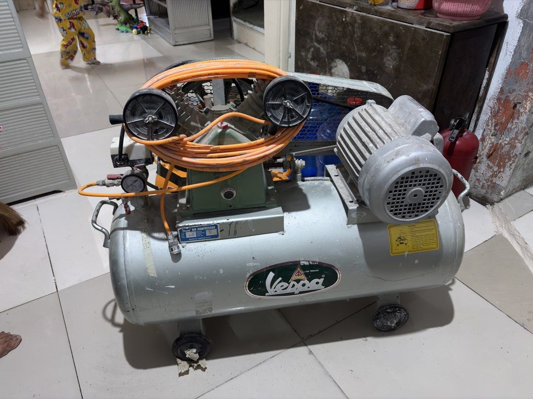 Vespa Air Compressor with Hose (Category: Construction Tools & Equipment) located in Cavite. Submitted by boggsbognot (Listing ID 1456615556, Image 2). Description: - Vespa brand air compressor - 2HP - Equipped with pressure gauges for monitoring - Built-in wheels for effortless mobility - Test before buying - Pickup only in Imus Cavite.
