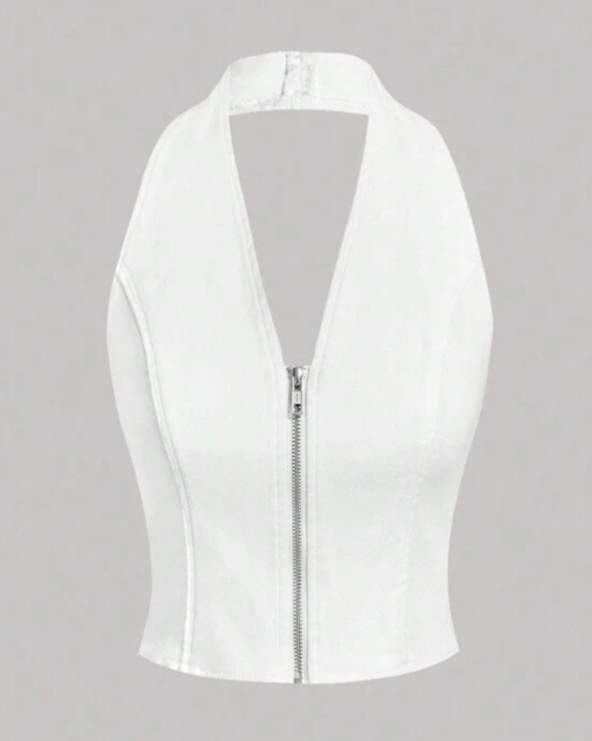 White Halter Neck Zipped Front Cropped Top (Category: Sleeveless) located in Manila. Submitted by itsandreaco (Listing ID 1456690177, Image 1). Description: - Body Measurements: Bust 34-36 - White halter neck cropped top - Deep V-neck with silver front zipper - Open back design.