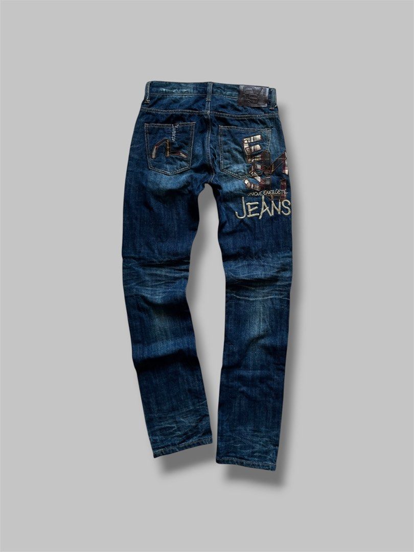 Y2K Evisu Plaid Patchwork Slim Straight Ripped Jeans (Category: Jeans) located in Cebu City. Submitted by dip.thrift (Listing ID 1456615542, Image 1). Description: ▫️Complete Tags ▫️Waistline: 30-32 Length: 43 Thigh: 11 Leg Opening: 7 ▫️Issue: None ▫️Color Rate: 10/10 ▫️Condition: 10/10.
