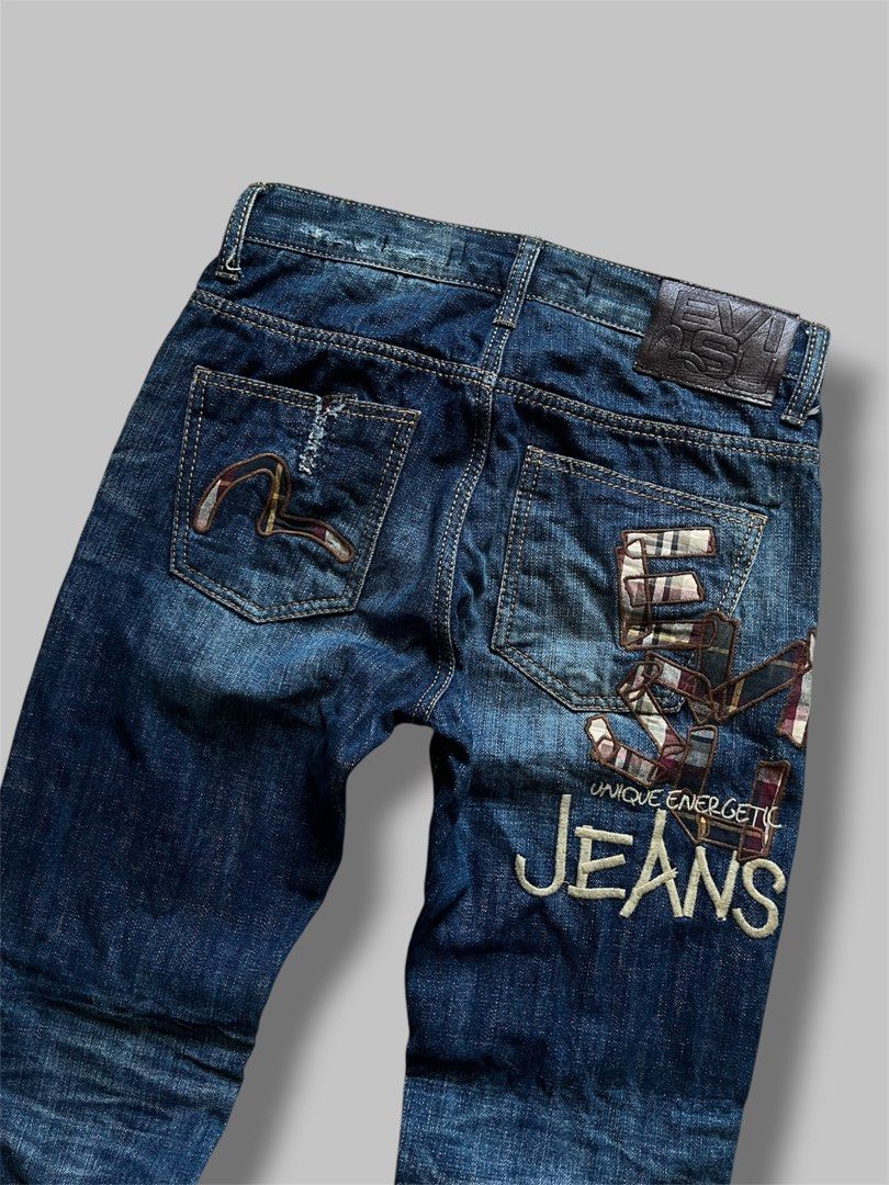Y2K Evisu Plaid Patchwork Slim Straight Ripped Jeans (Category: Jeans) located in Cebu City. Submitted by dip.thrift (Listing ID 1456615542, Image 3). Description: ▫️Complete Tags ▫️Waistline: 30-32 Length: 43 Thigh: 11 Leg Opening: 7 ▫️Issue: None ▫️Color Rate: 10/10 ▫️Condition: 10/10.