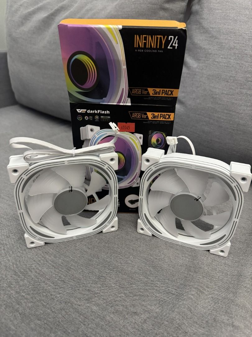 2-pc darkFlash Infinity 24 ARGB Cooling Fan (Category: Computer Parts) located in Taguig. Submitted by aaron.d28 (Listing ID 1456826321, Image 2). Description: - 2pcs darkFlash Infinity 24 ARGB cooling fans ‼️2pc only, kinuha lang yung controller, remote and 1 pc fan sa box - White frame with stunning rainbow lighting effects - Standard 120mm size, ideal for PC builds - Includes original packaging.
