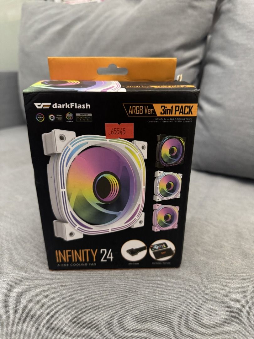 2-pc darkFlash Infinity 24 ARGB Cooling Fan (Category: Computer Parts) located in Taguig. Submitted by aaron.d28 (Listing ID 1456826321, Image 3). Description: - 2pcs darkFlash Infinity 24 ARGB cooling fans ‼️2pc only, kinuha lang yung controller, remote and 1 pc fan sa box - White frame with stunning rainbow lighting effects - Standard 120mm size, ideal for PC builds - Includes original packaging.