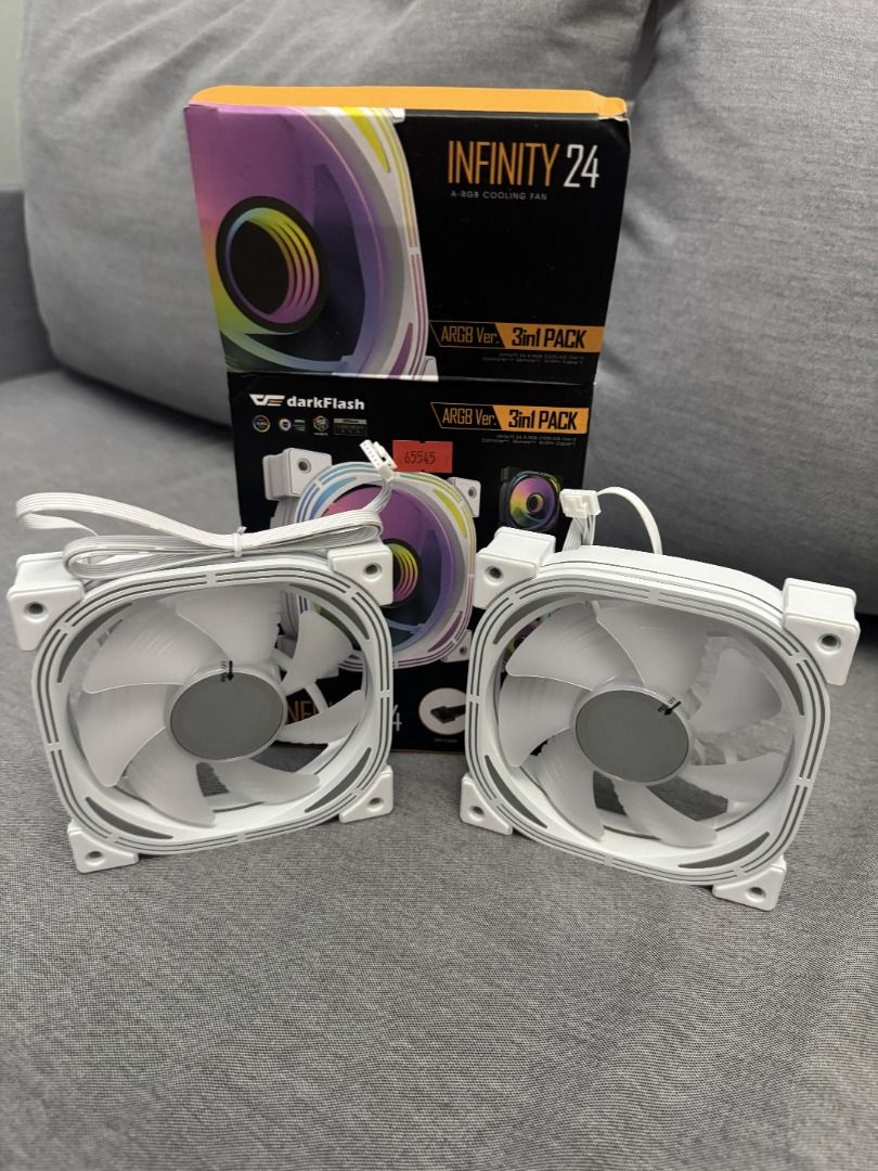 2-pc darkFlash Infinity 24 ARGB Cooling Fan (Category: Computer Parts) located in Taguig. Submitted by aaron.d28 (Listing ID 1456826321, Image 1). Description: - 2pcs darkFlash Infinity 24 ARGB cooling fans ‼️2pc only, kinuha lang yung controller, remote and 1 pc fan sa box - White frame with stunning rainbow lighting effects - Standard 120mm size, ideal for PC builds - Includes original packaging.