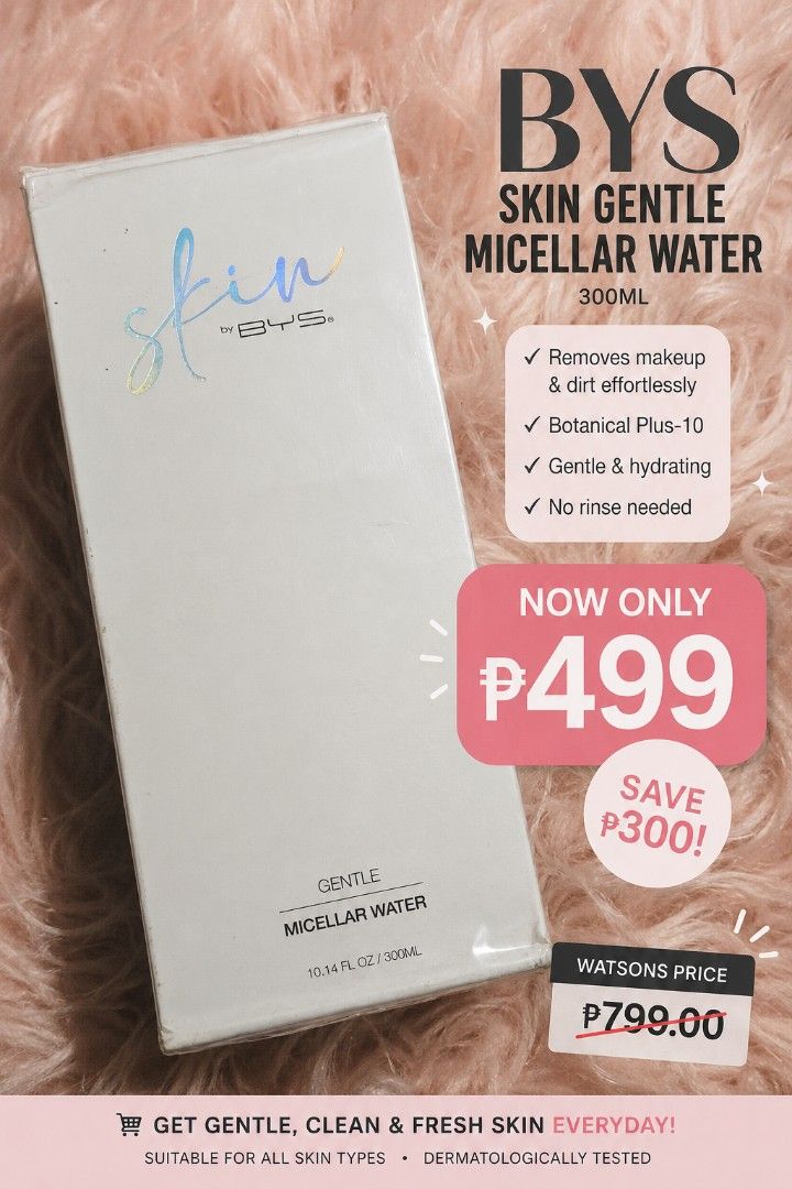 ✨ BYS SKIN GENTLE MICELLAR WATER – 300ML ✨ (Category: Face Care) located in Manila. Submitted by smartluxeph (Listing ID 1456852549, Image 1). Description: ✨ BYS SKIN GENTLE MICELLAR WATER – 300ML ✨ 💖 BRAND NEW • SEALED • AUTHENTIC Gentle cleansing + makeup removal in one easy step! Perfect for everyday use when you want skin feeling clean, fresh & moisturized without the fuss. 💦 🌿 Why you’ll love it: ✔️ Removes makeup & dirt effortlessly ✔️ W