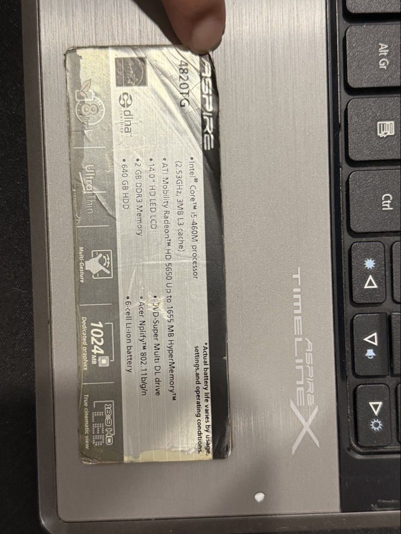 ACER ASPIRE 4820T LAPTOP — COMPLETE SET (Category: Laptops & Notebooks) located in Lucena. Submitted by ilove_cats876 (Listing ID 1456881158, Image 3). Description: ACER ASPIRE 4820T LAPTOP — COMPLETE SET 💻 Acer Aspire 4820T Series • Intel Core i5-460M Processor • 2.53 GHz | 3 MB L3 Cache • 2 GB DDR3 RAM • 640 GB HDD • 14” HD LED LCD Display • ATI Mobility Radeon HD 5650 Graphics • 1 GB Dedicated Graphics • DVD-Super Multi DL Drive • Wi-Fi 802.1